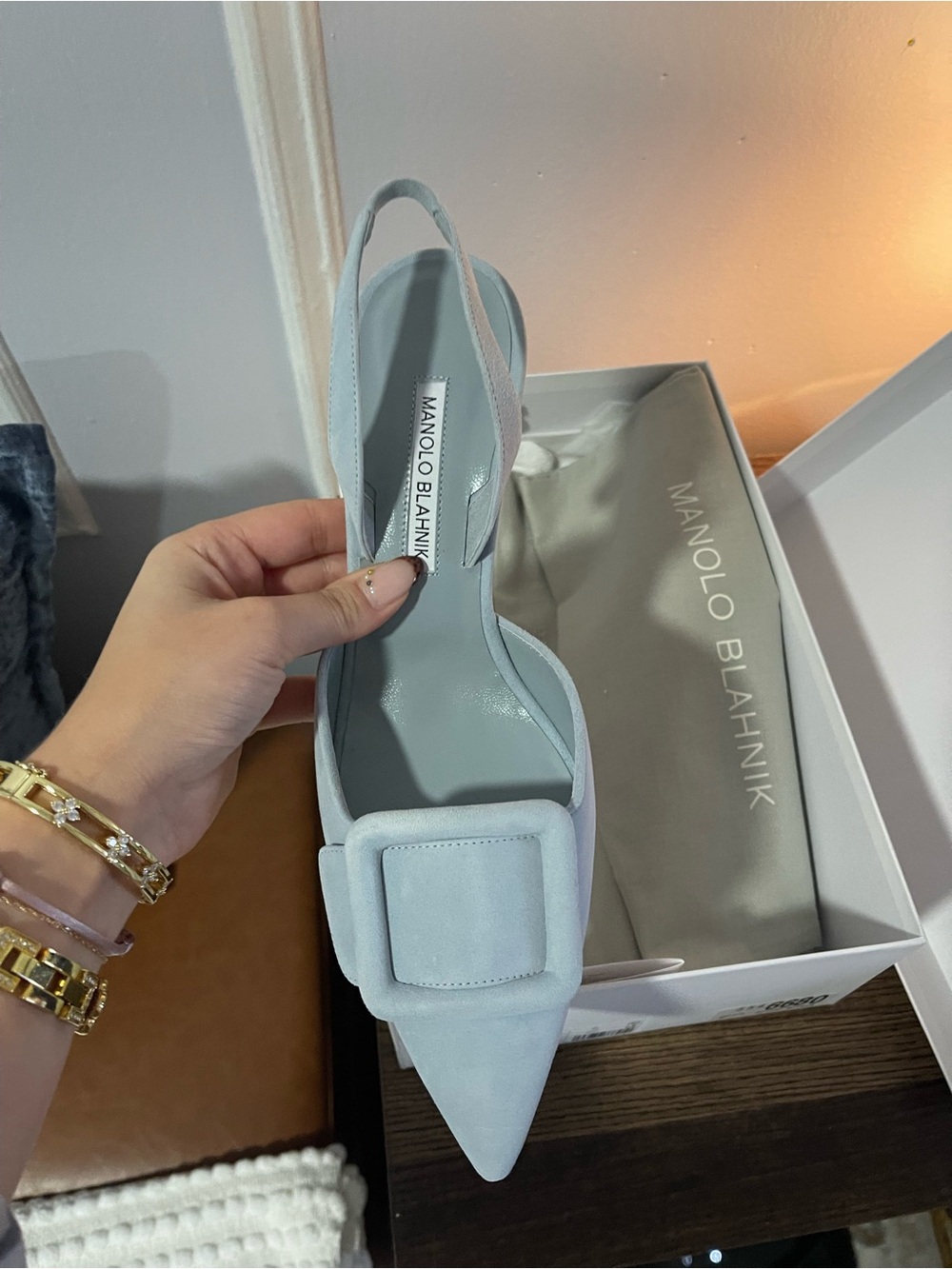 Manolo Blahnik Light Blue Pointed Toe Slingback Flat with Buckle